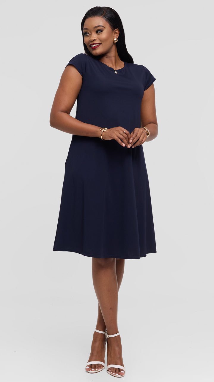 Vivo Basic Kena Tent Knee Length Dress in Ponte - Dark Navy