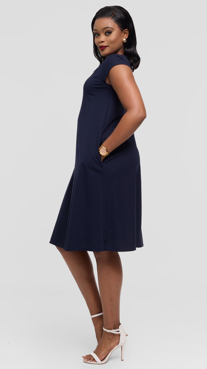 Vivo Basic Kena Tent Knee Length Dress in Ponte - Dark Navy