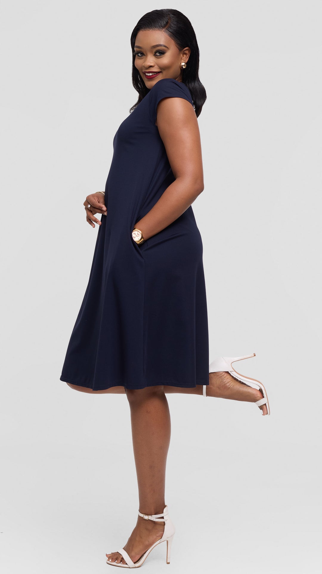Vivo Basic Kena Tent Knee Length Dress in Ponte - Dark Navy