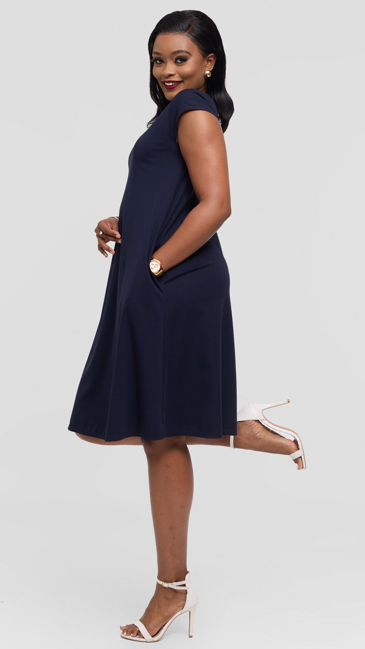 Vivo Basic Kena Tent Knee Length Dress in Ponte - Dark Navy