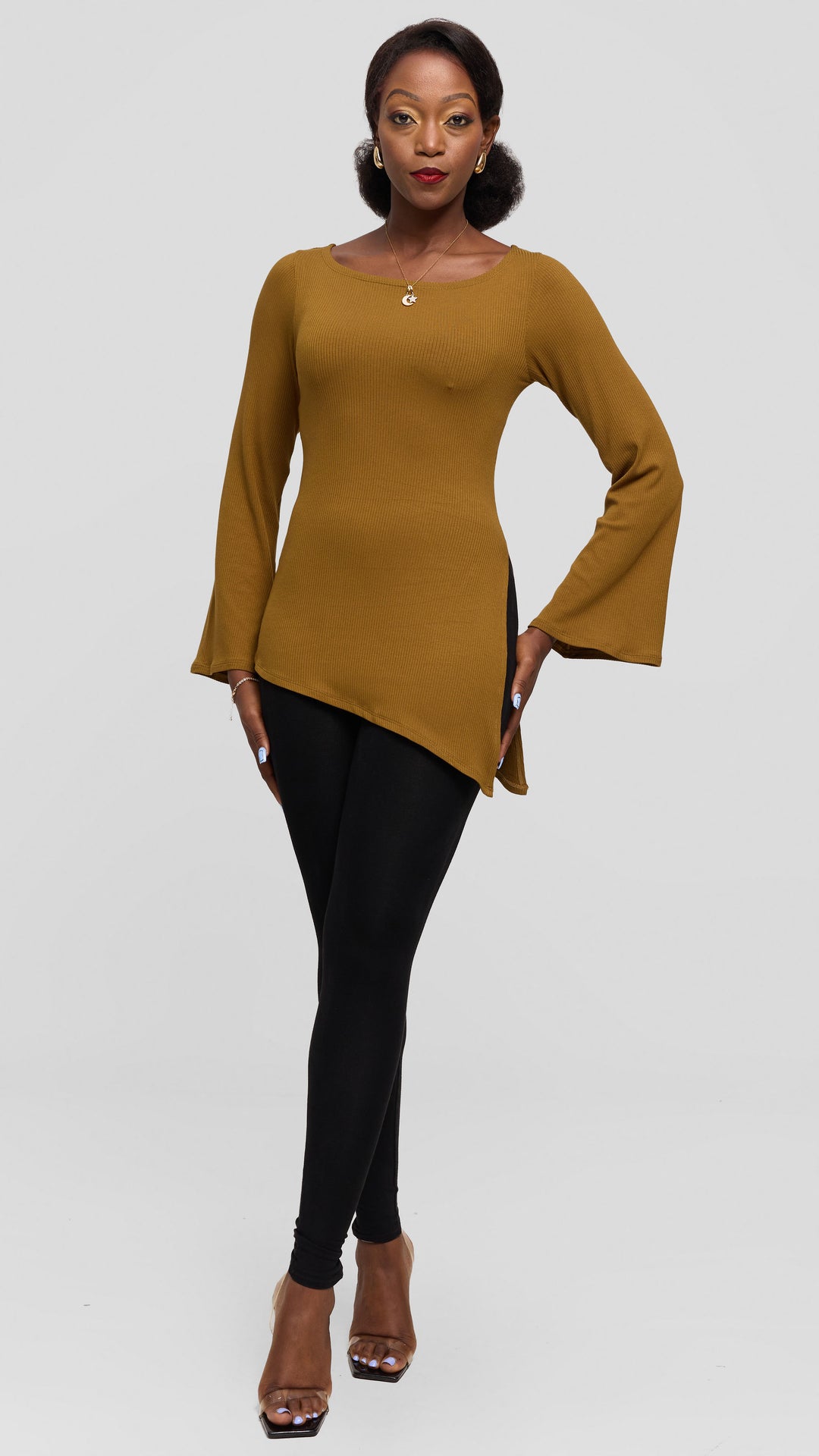Vivo Studio Bell Sleeve Tunic Top in Rib - Olive Green
