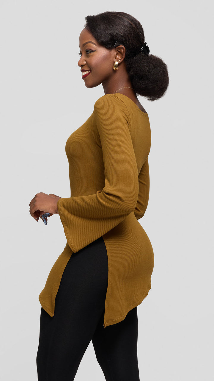 Vivo Studio Bell Sleeve Tunic Top in Rib - Olive Green