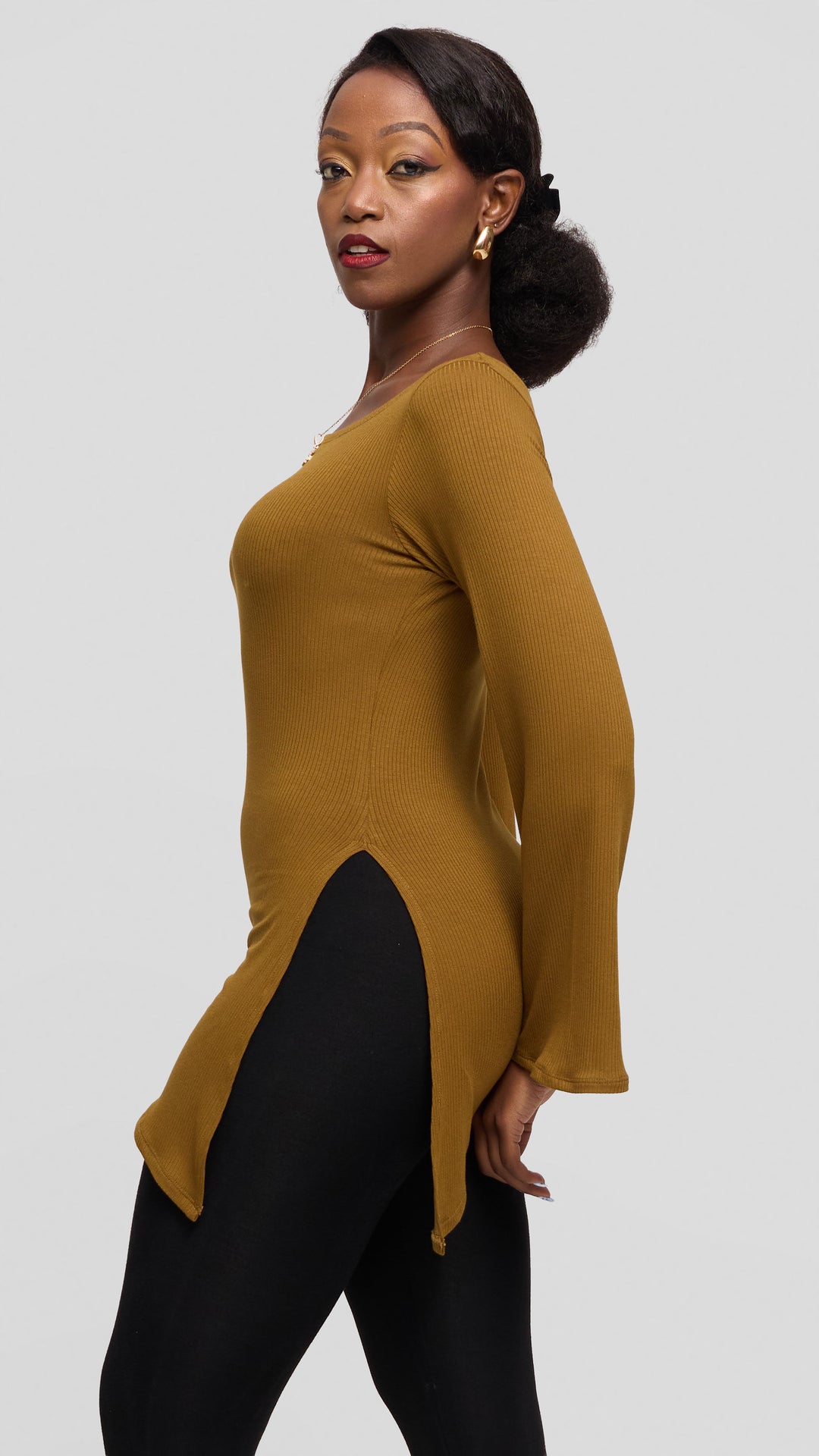 Vivo Studio Bell Sleeve Tunic Top in Rib - Olive Green