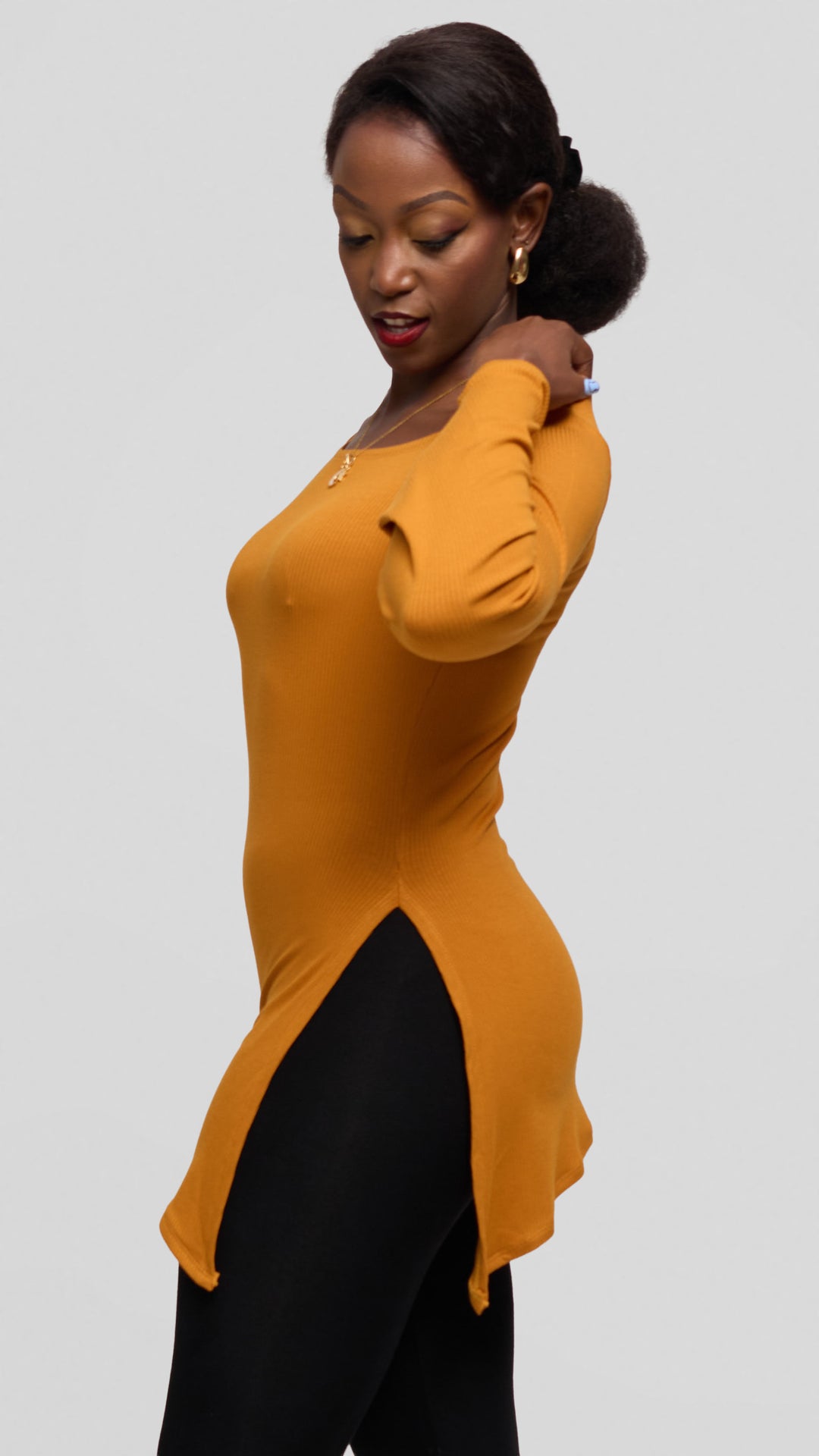 Vivo Studio Bell Sleeve Tunic Top in Rib - Mustard