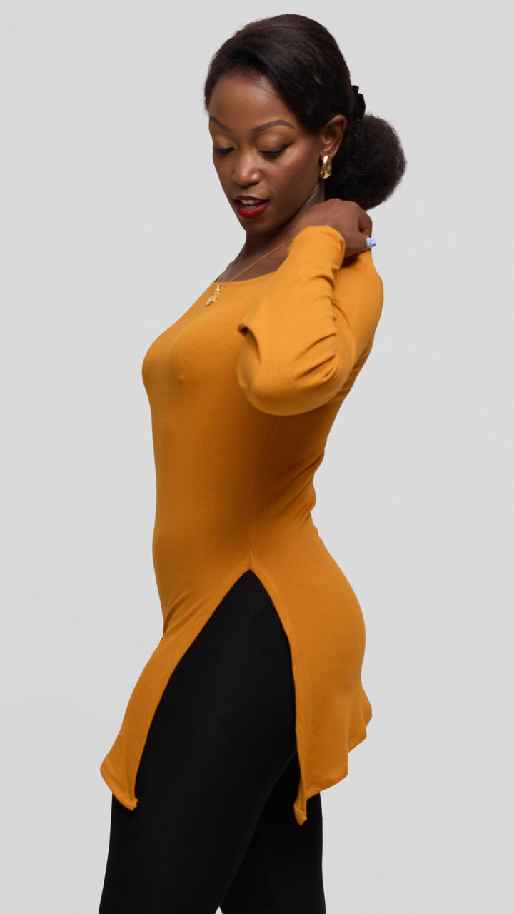 Vivo Studio Bell Sleeve Tunic Top in Rib - Mustard