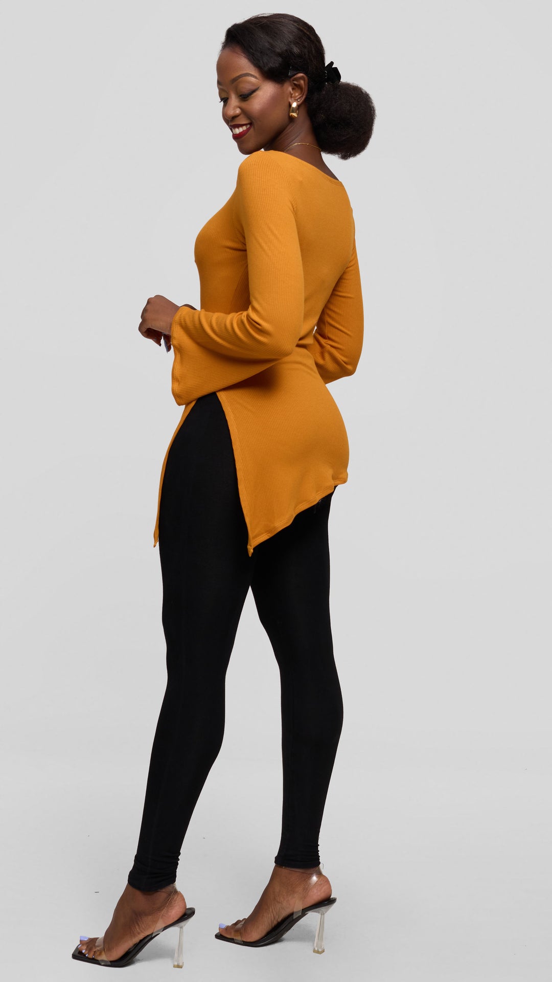 Vivo Studio Bell Sleeve Tunic Top in Rib - Mustard
