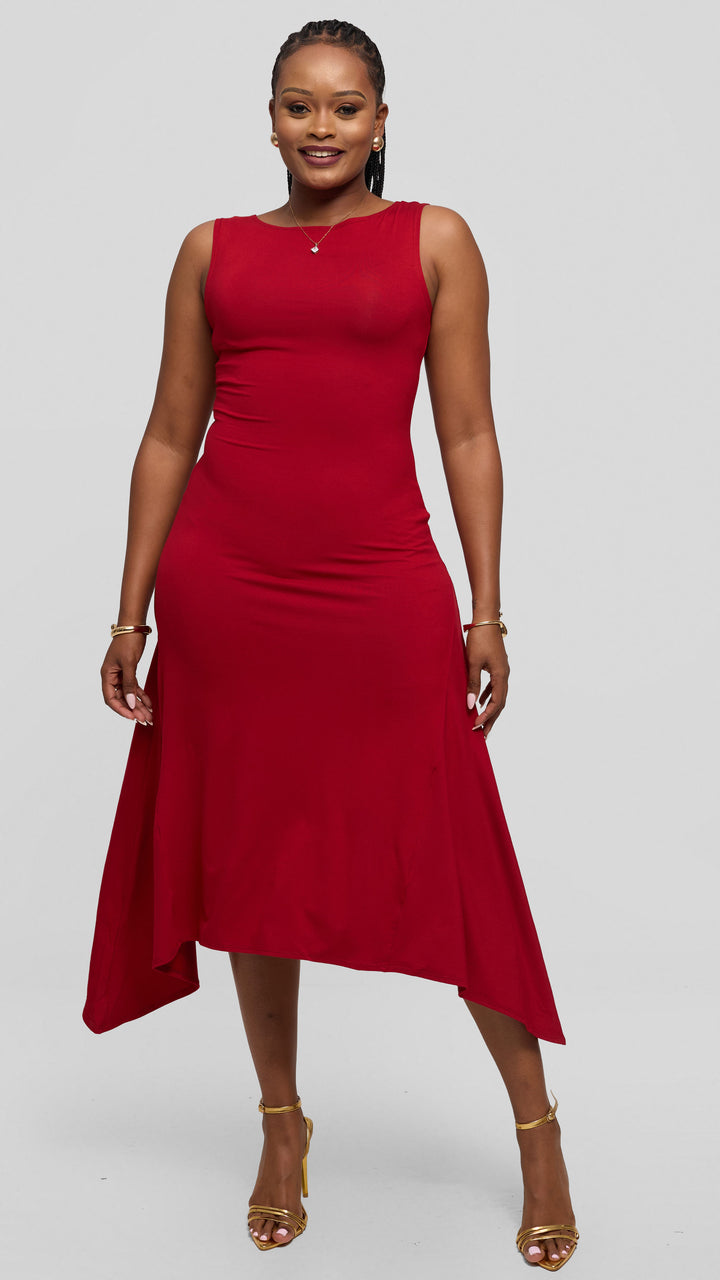Vivo Sleeveless Godet Midi Dress in Jersey - Dark Red