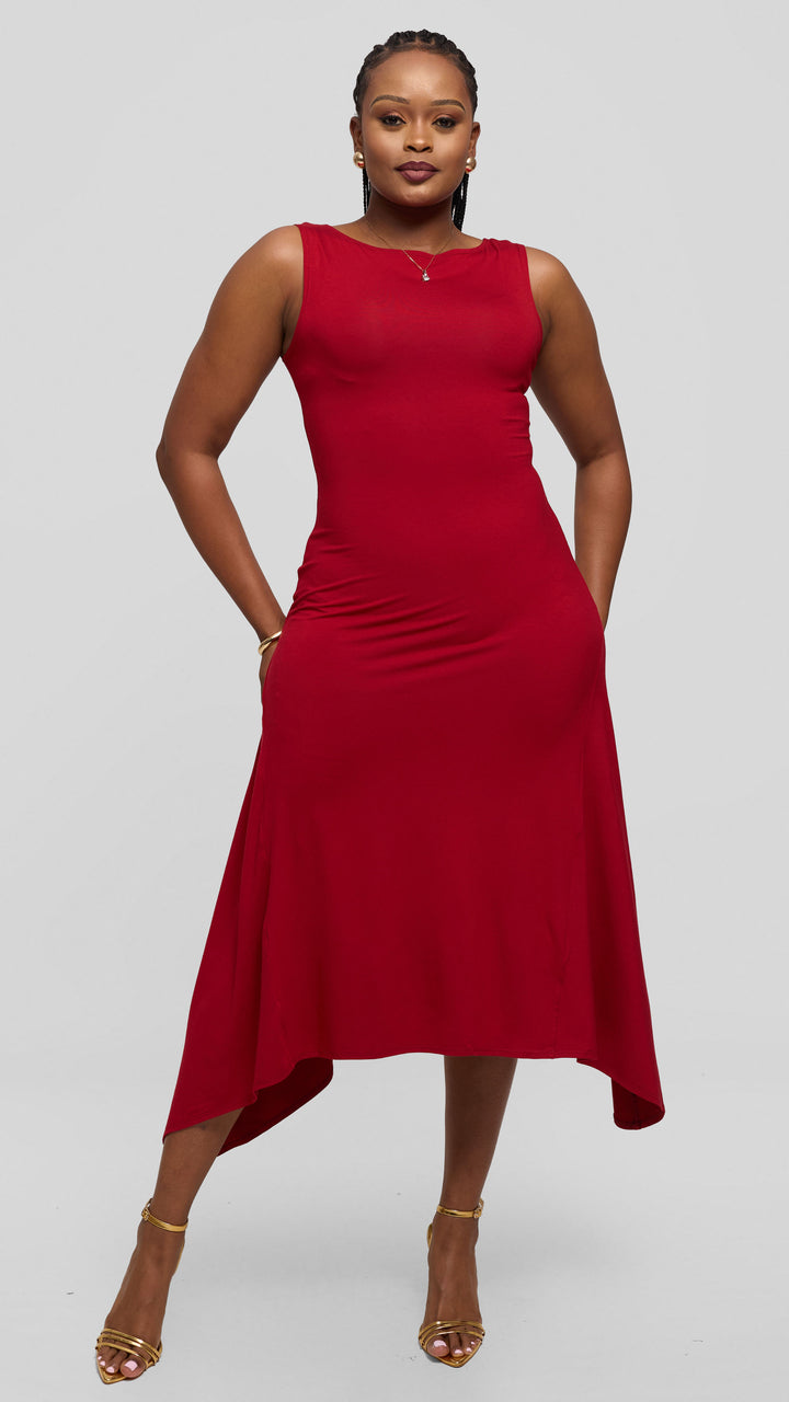 Vivo Sleeveless Godet Midi Dress in Jersey - Dark Red