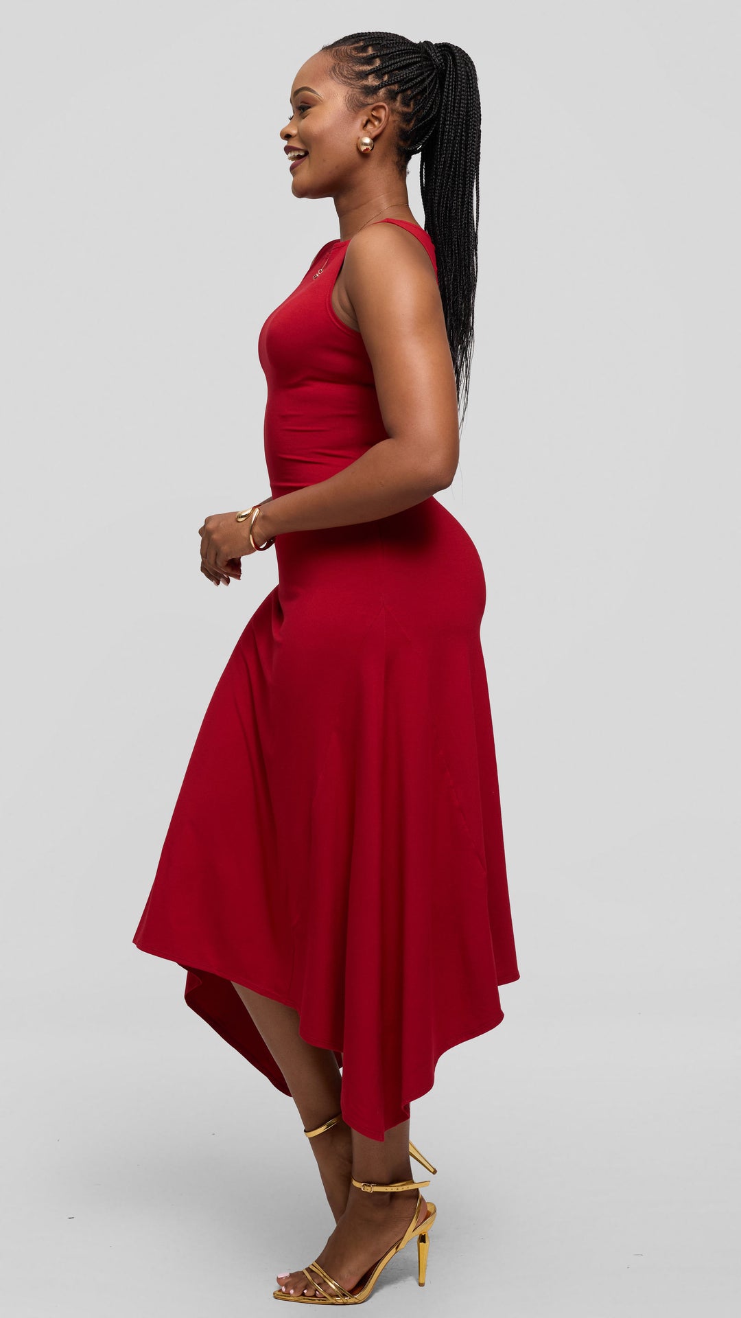 Vivo Sleeveless Godet Midi Dress in Jersey - Dark Red