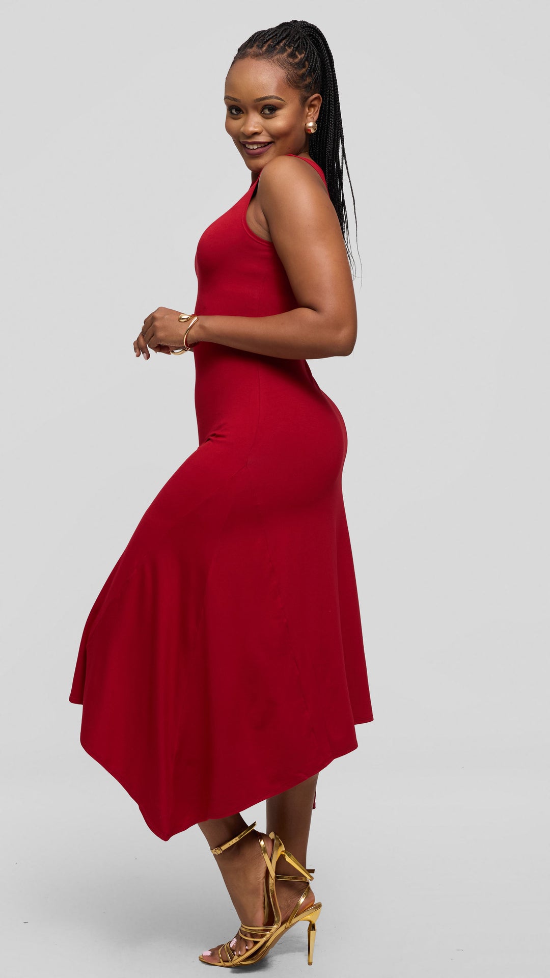 Vivo Sleeveless Godet Midi Dress in Jersey - Dark Red