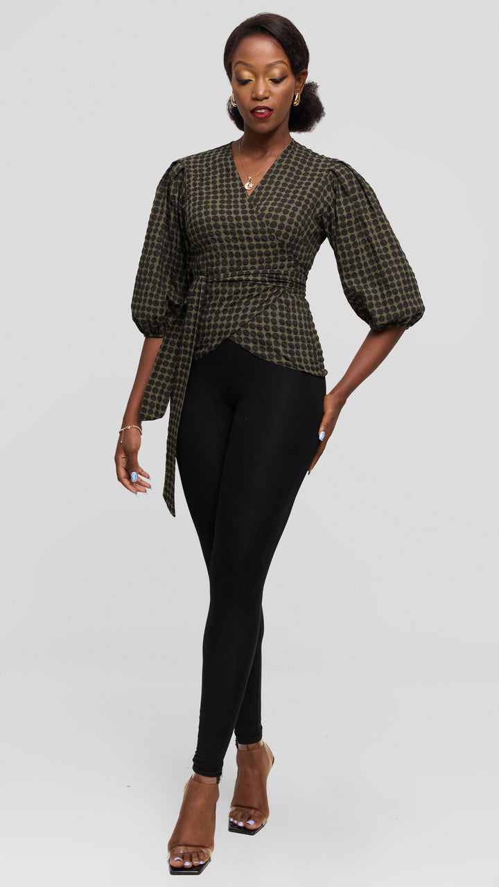 Vivo Wrap Top in Cotton - Olive / Black Print