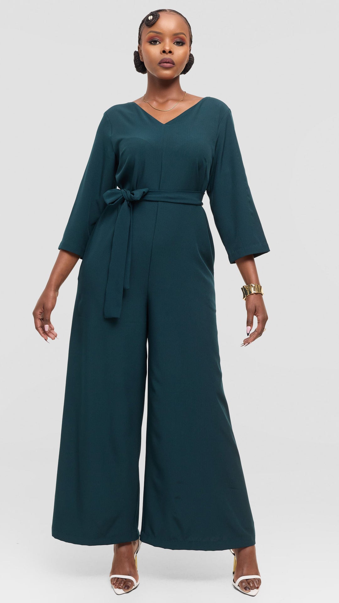 Vivo Diella V-Neck Jumpsuit in Crepe - Dark Green