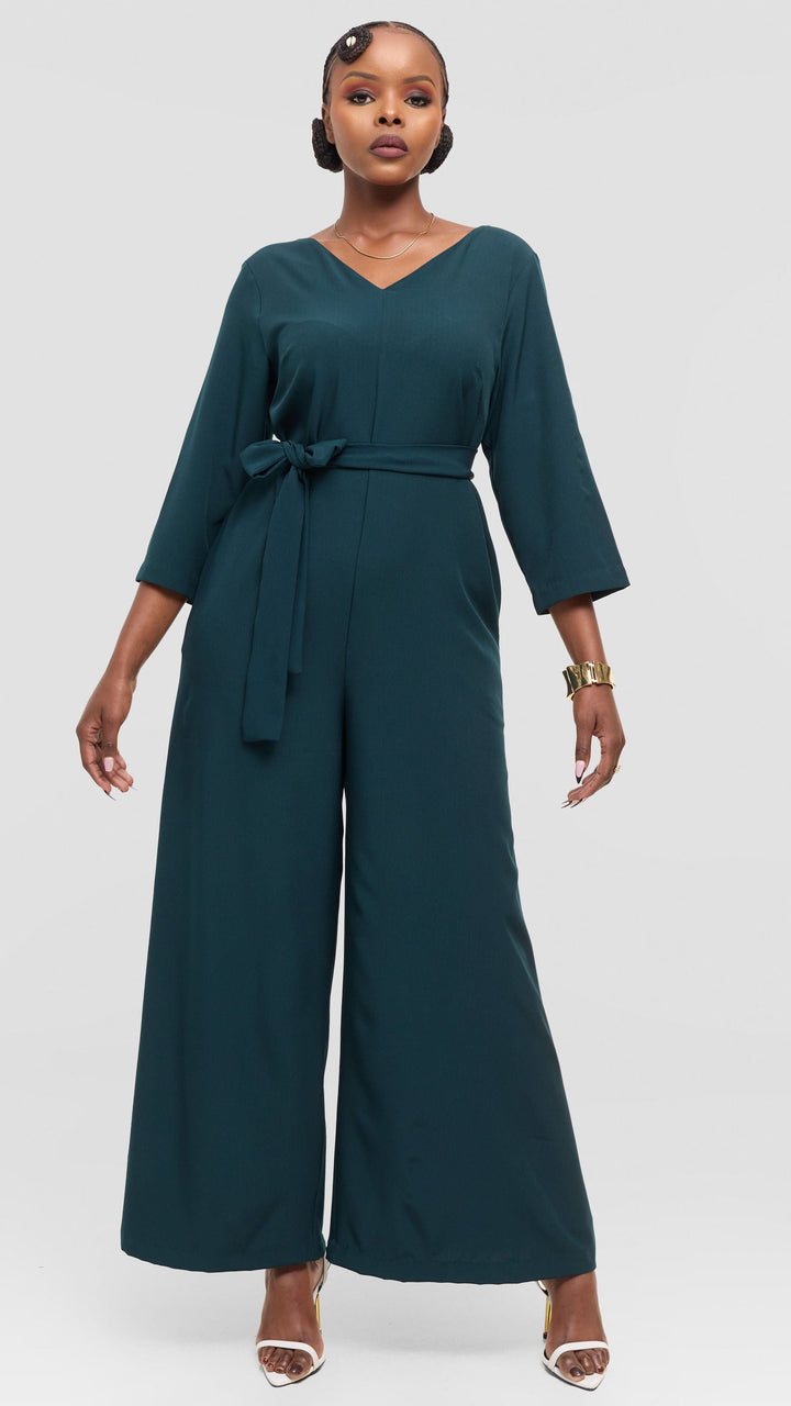 Vivo Diella V-Neck Jumpsuit in Crepe - Dark Green