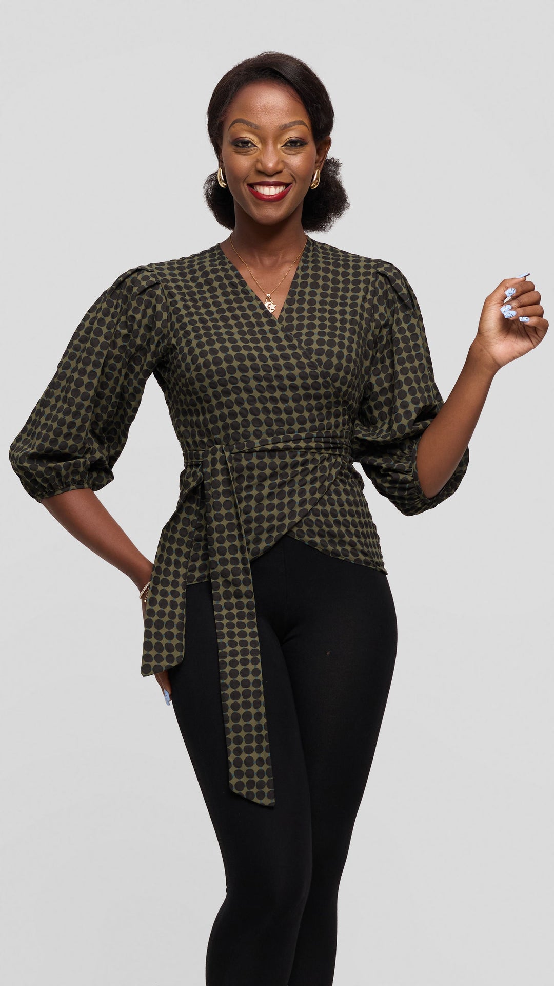 Vivo Wrap Top in Cotton - Olive / Black Print