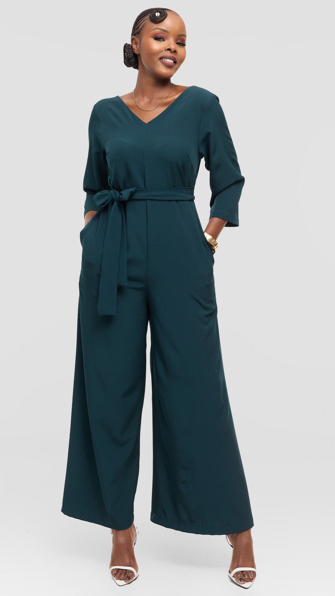 Vivo Diella V-Neck Jumpsuit in Crepe - Dark Green