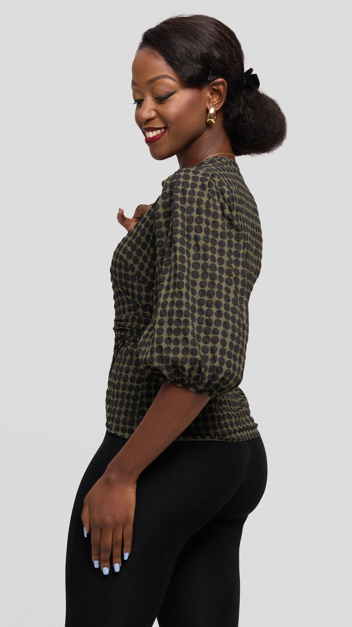 Vivo Wrap Top in Cotton - Olive / Black Print