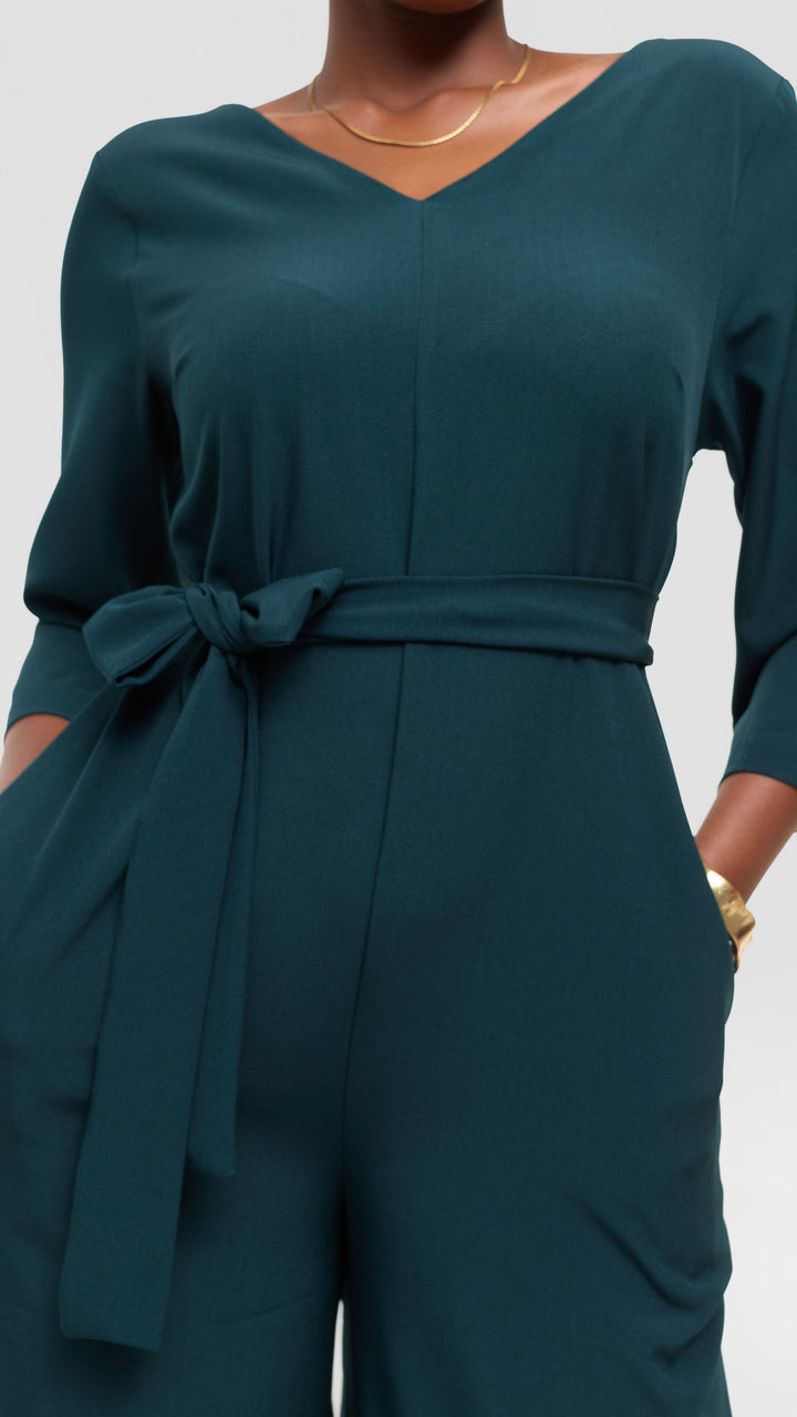 Vivo Diella V-Neck Jumpsuit in Crepe - Dark Green
