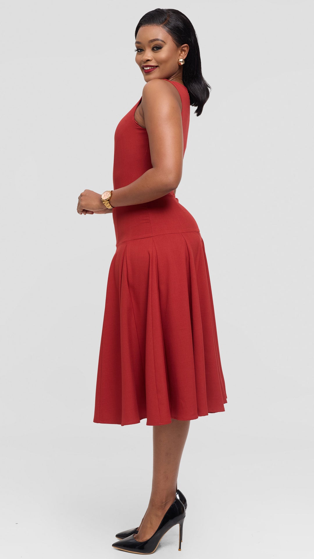 Vivo Godet Midi Dress in Crepe - Rust
