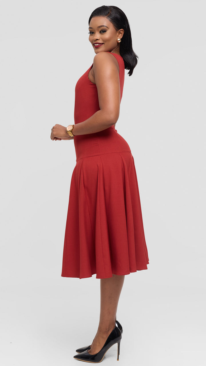 Vivo Godet Midi Dress in Crepe - Rust