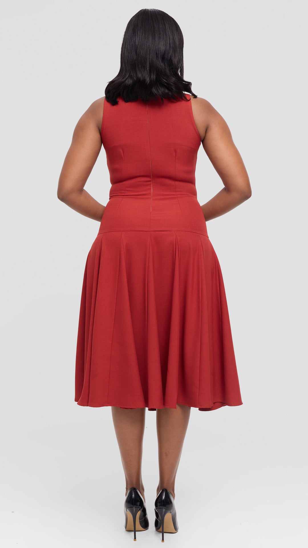 Vivo Godet Midi Dress in Crepe - Rust