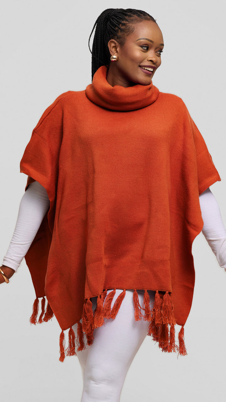 Vivo Turtleneck Knit Fringe Poncho - Rust