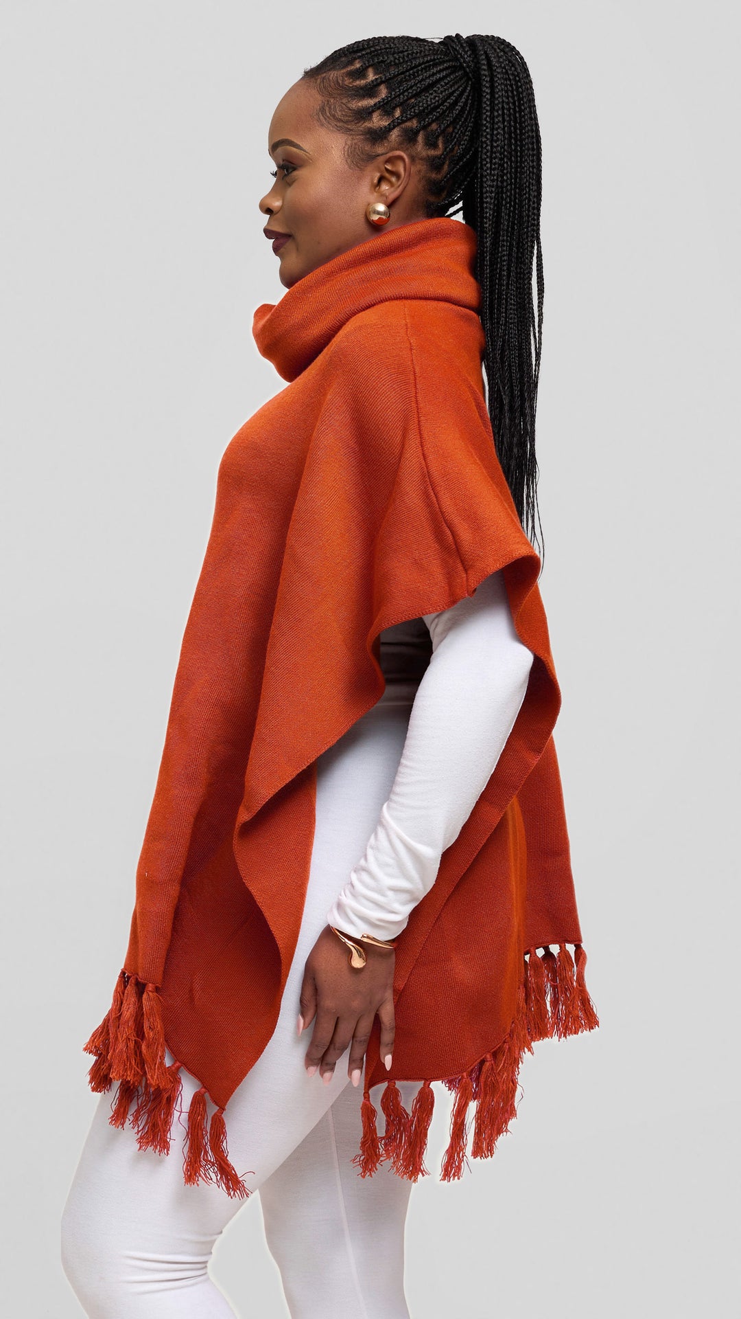 Vivo Turtleneck Knit Fringe Poncho - Rust