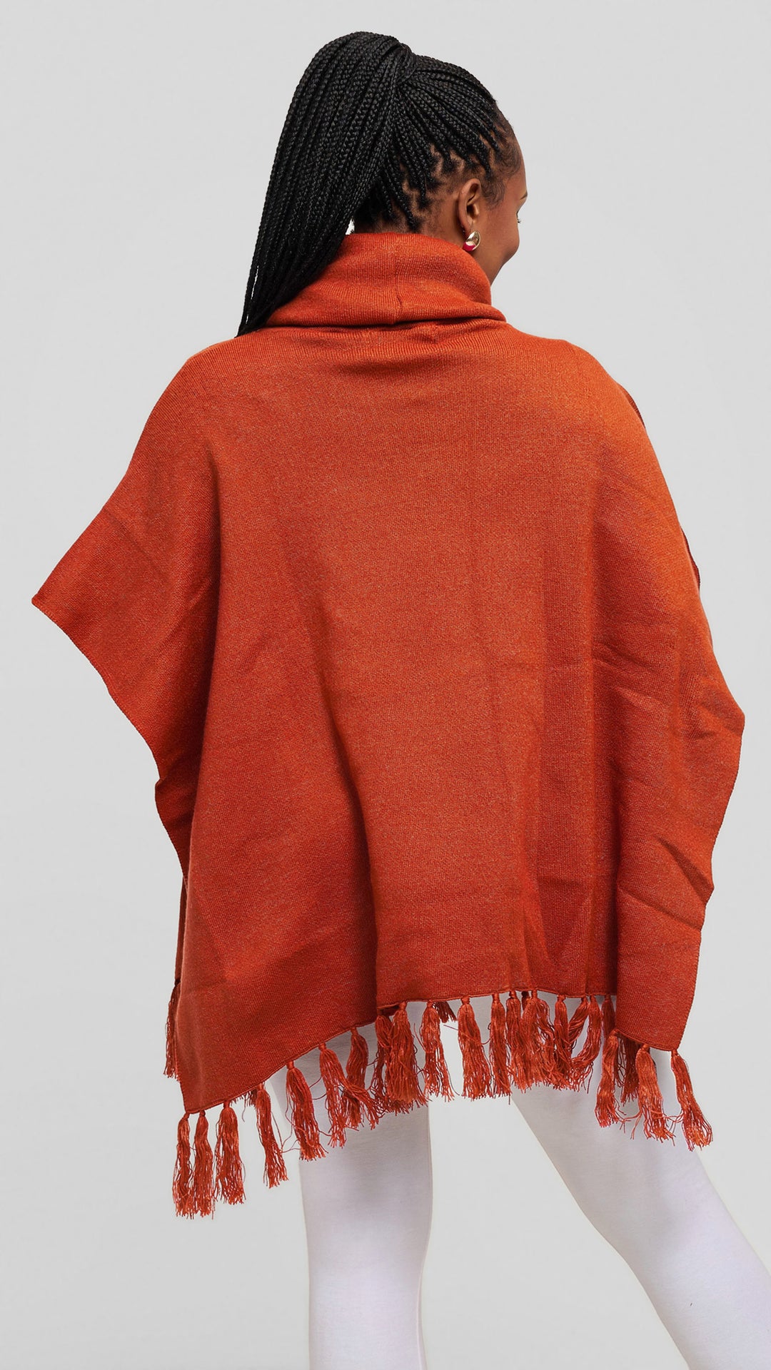 Vivo Turtleneck Knit Fringe Poncho - Rust