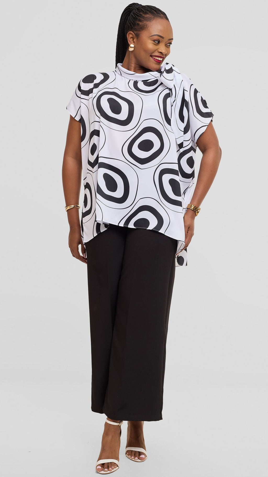 Vivo Takali Tunic Top in Textured Satin - White / Black Laisa Print