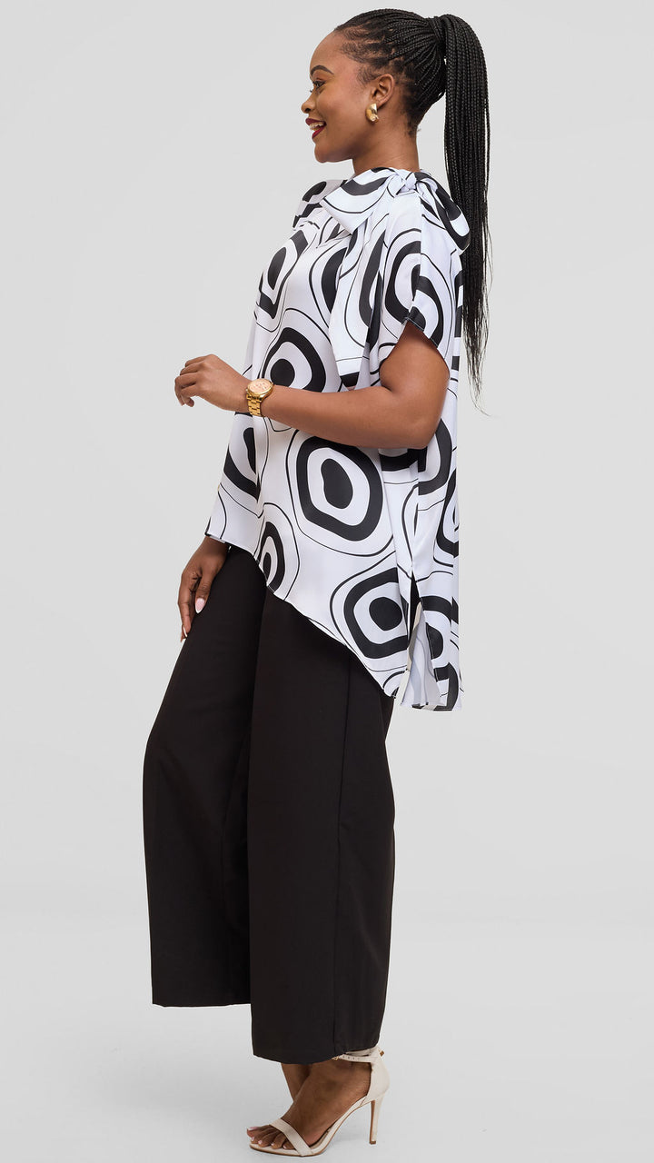 Vivo Takali Tunic Top in Textured Satin - White / Black Laisa Print
