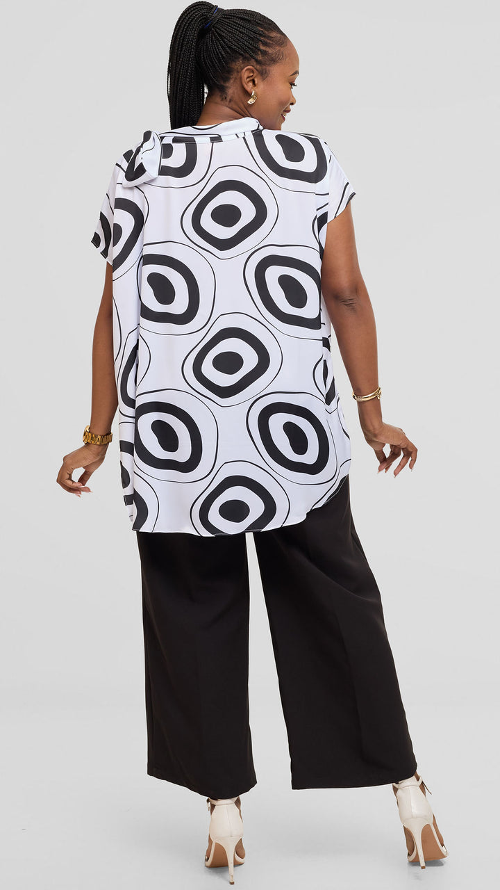 Vivo Takali Tunic Top in Textured Satin - White / Black Laisa Print