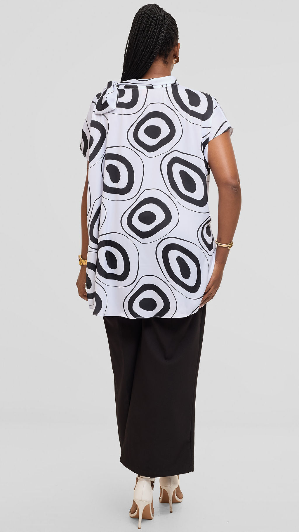 Vivo Takali Tunic Top in Textured Satin - White / Black Laisa Print
