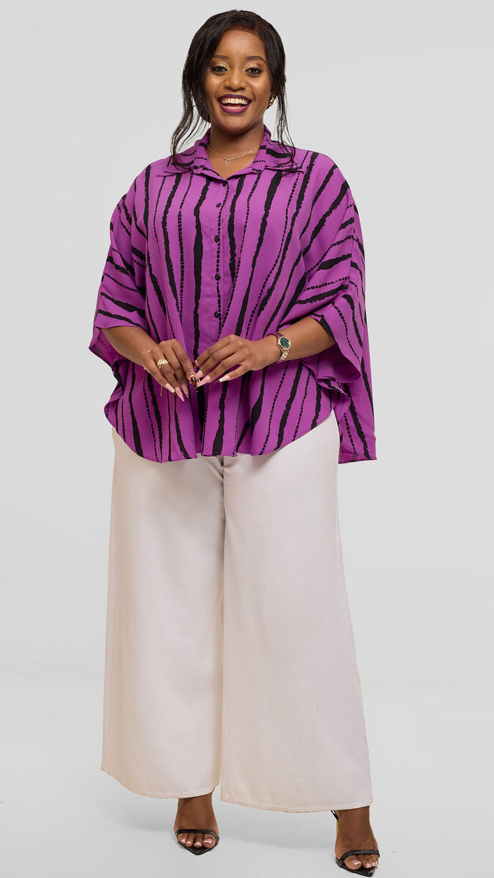 Vivo Iyana Cape Top in Chiffon - Purple / Black Bori Print