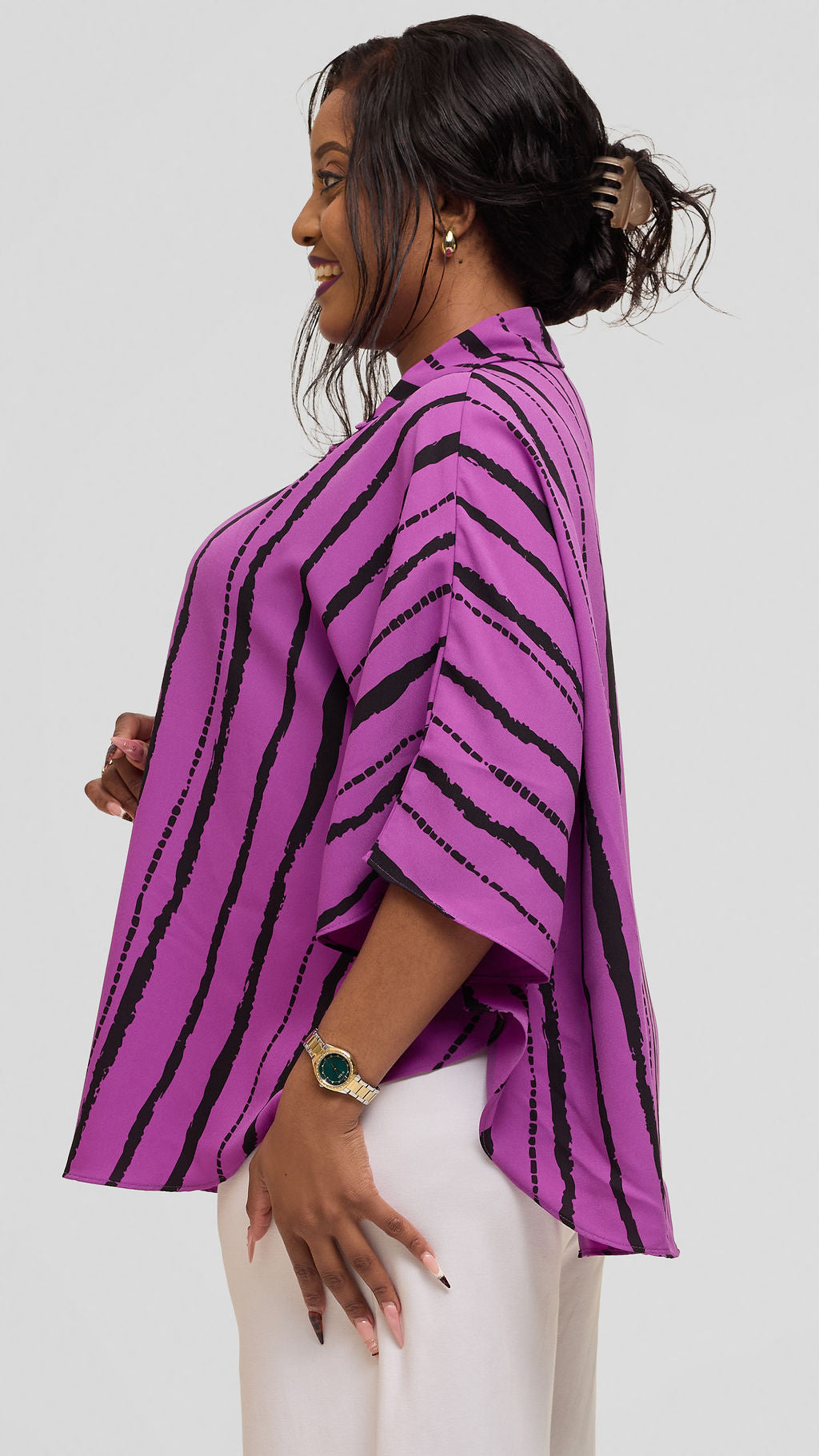 Vivo Iyana Cape Top in Chiffon - Purple / Black Bori Print