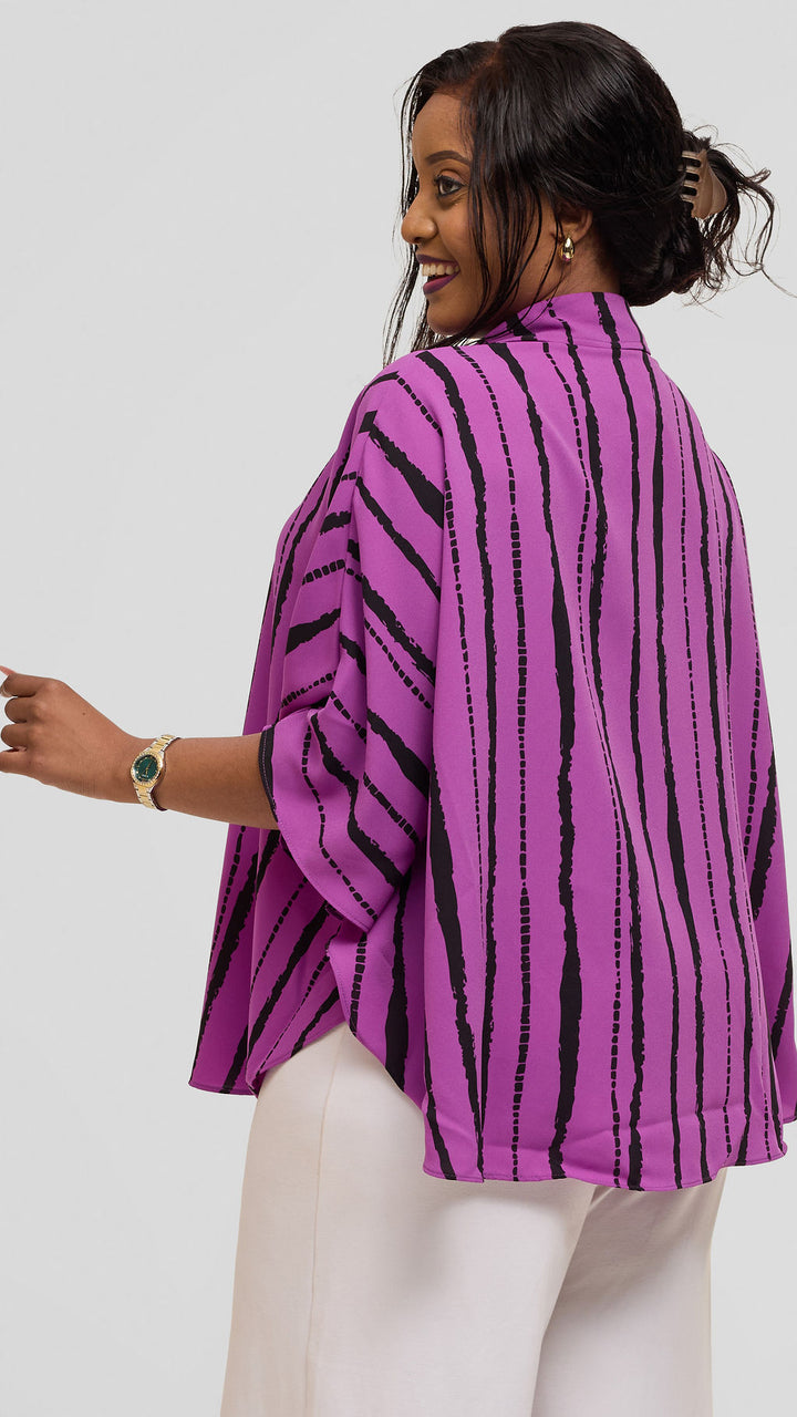 Vivo Iyana Cape Top in Chiffon - Purple / Black Bori Print