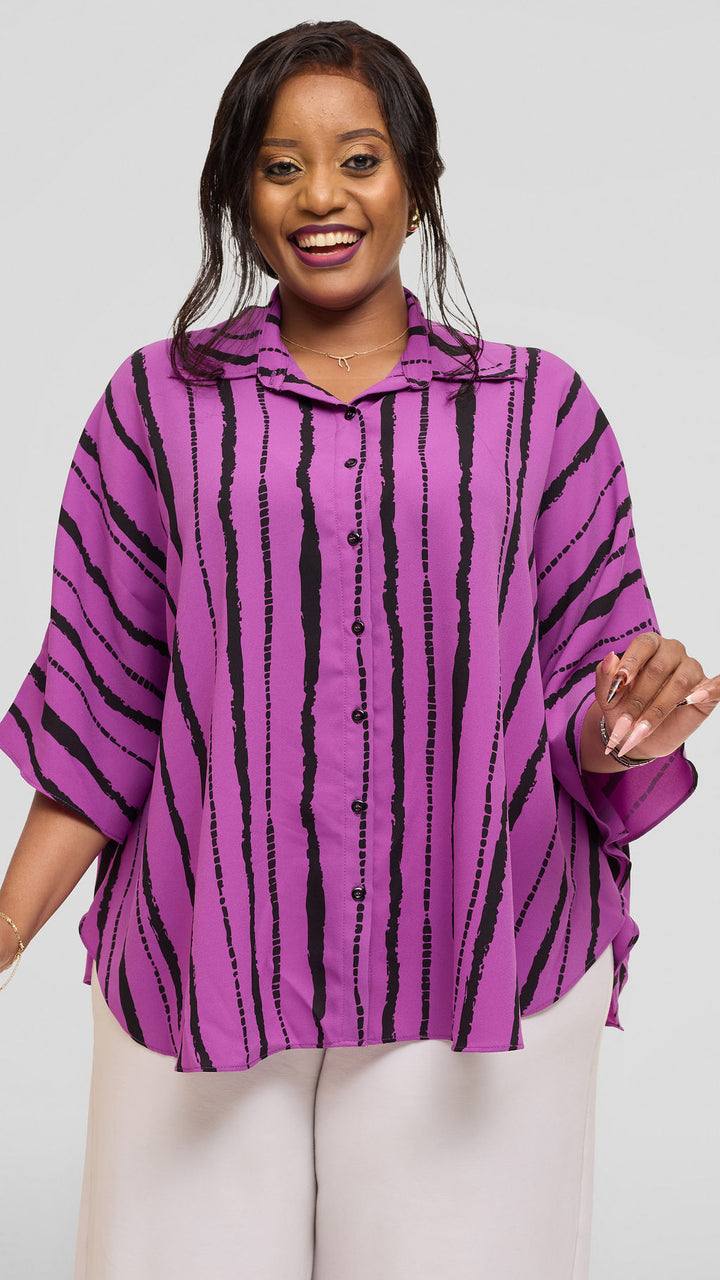 Vivo Iyana Cape Top in Chiffon - Purple / Black Bori Print
