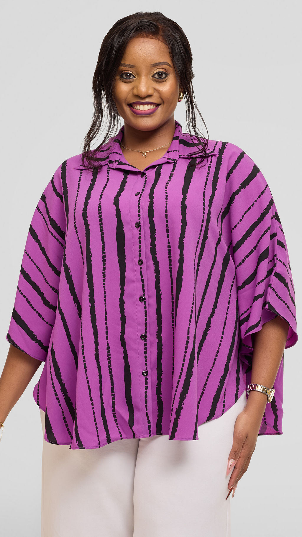 Vivo Iyana Cape Top in Chiffon - Purple / Black Bori Print