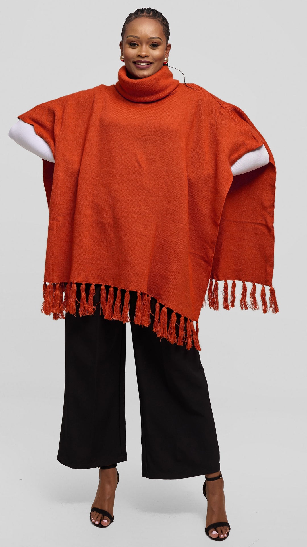 Vivo Turtleneck Knit Fringe Poncho - Rust