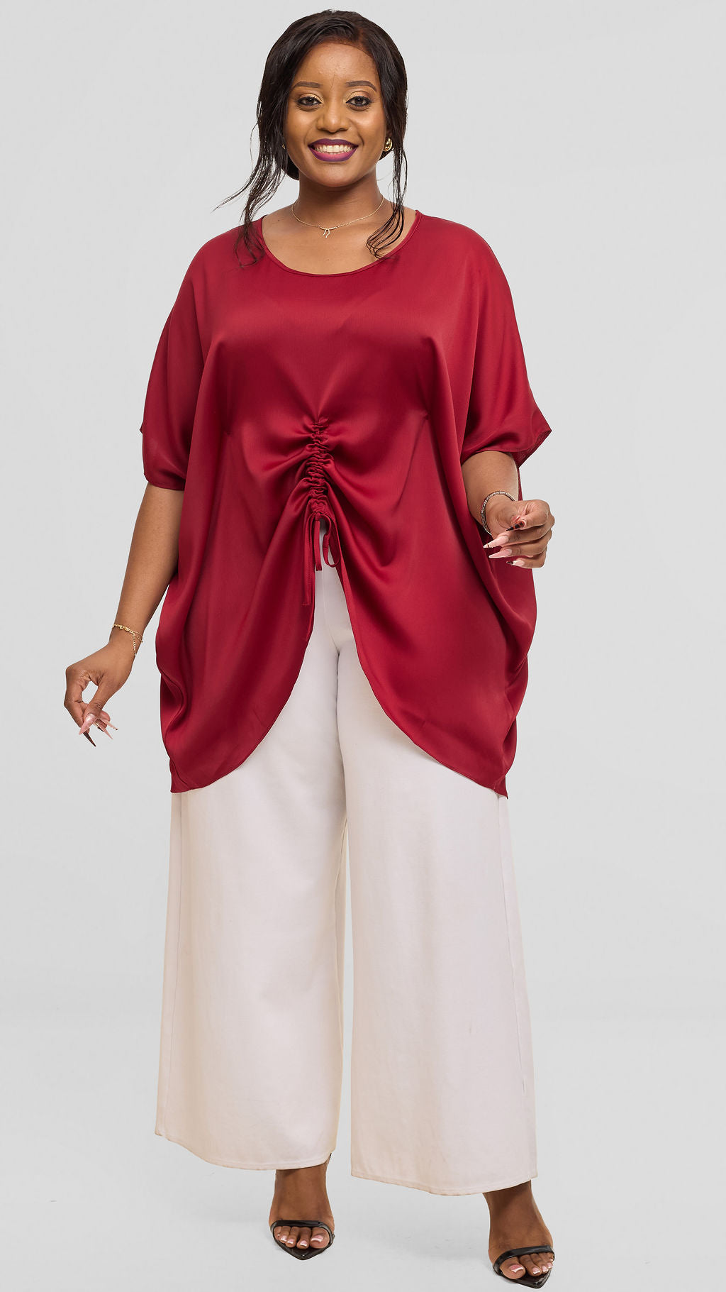 Vivo Ruched Maxi Top in Textured Satin - Dark Red