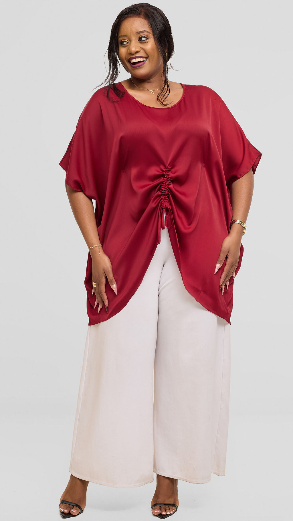 Vivo Ruched Maxi Top in Textured Satin - Dark Red
