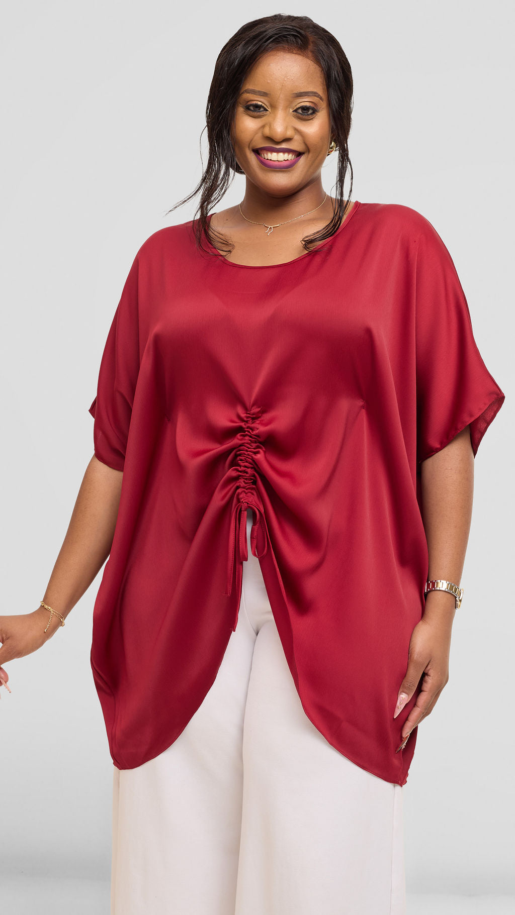 Vivo Ruched Maxi Top in Textured Satin - Dark Red