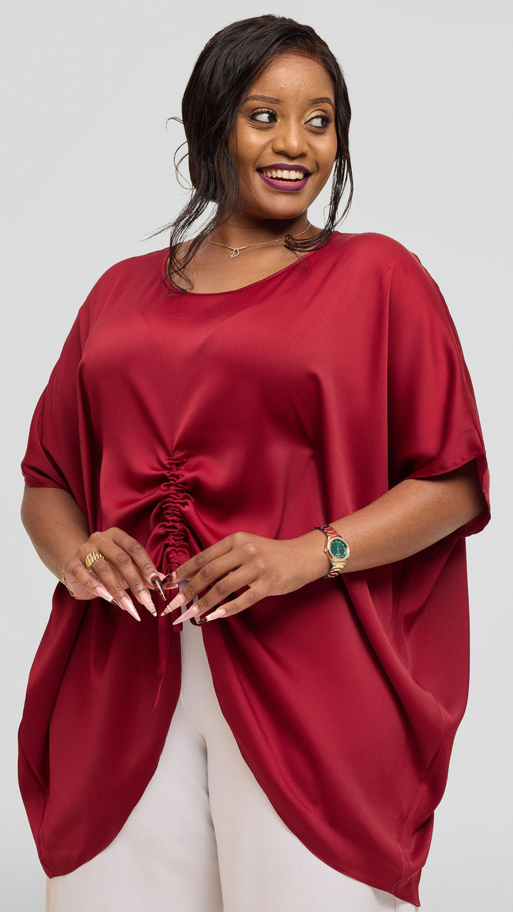 Vivo Ruched Maxi Top in Textured Satin - Dark Red