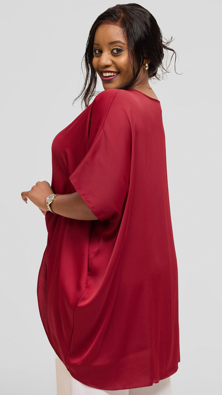 Vivo Ruched Maxi Top in Textured Satin - Dark Red