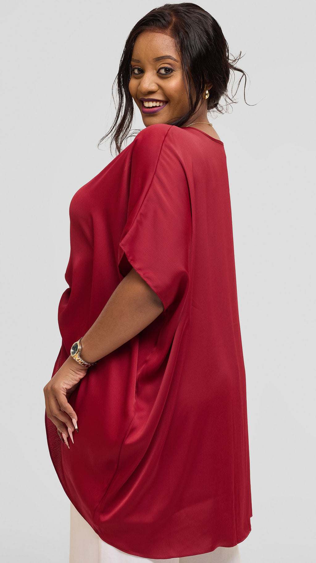 Vivo Ruched Maxi Top in Textured Satin - Dark Red
