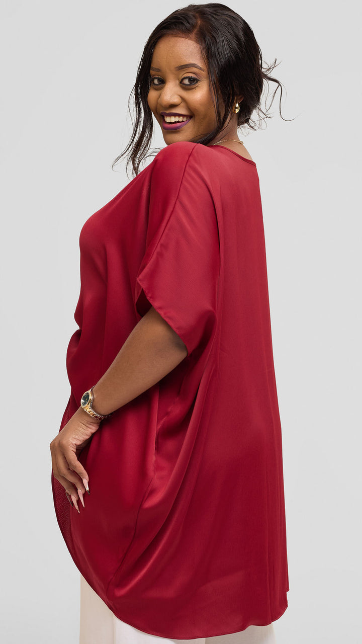 Vivo Ruched Maxi Top in Textured Satin - Dark Red