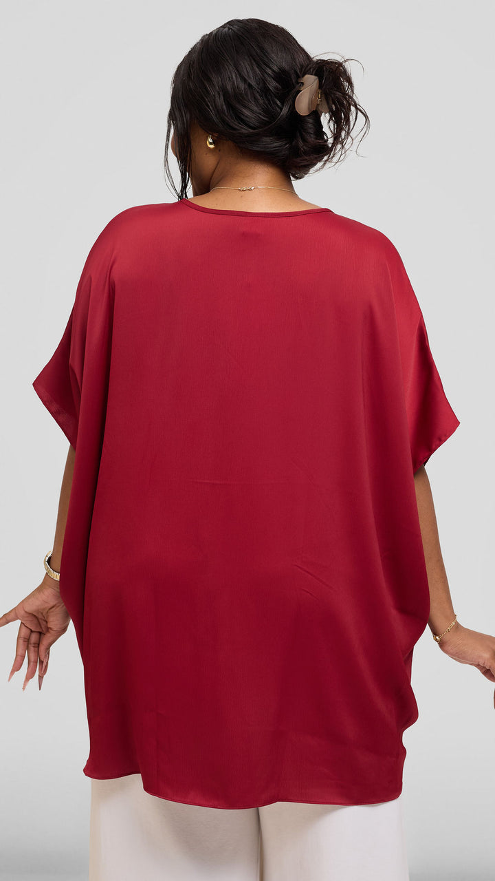 Vivo Ruched Maxi Top in Textured Satin - Dark Red