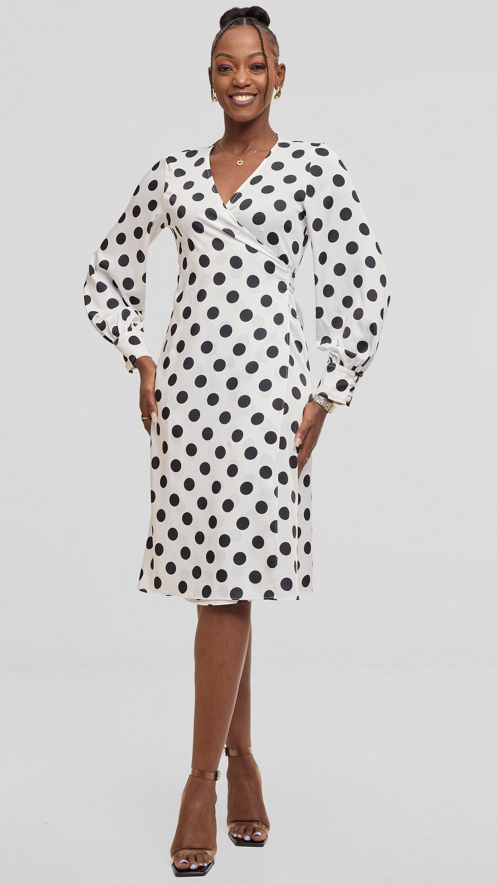 Vivo Long Sleeve Wrap Dress in Satin - White / Black Polka Dot
