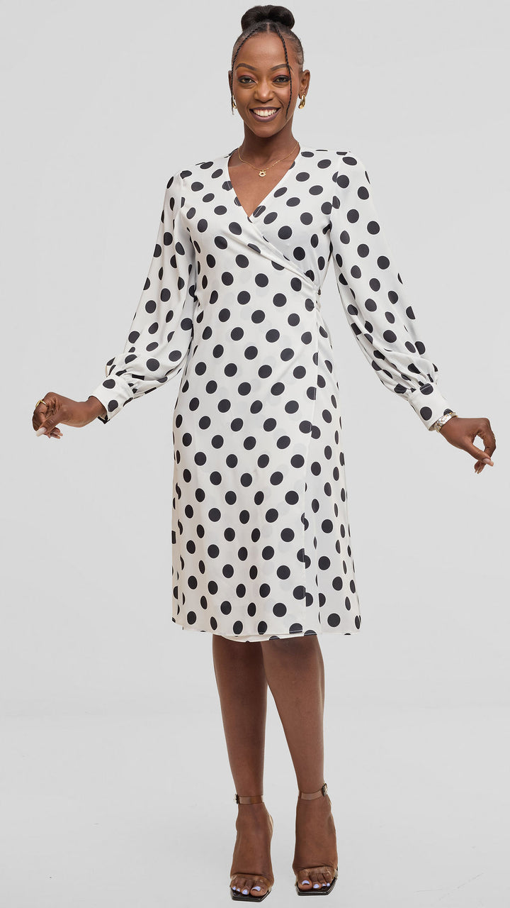Vivo Long Sleeve Wrap Dress in Satin - White / Black Polka Dot