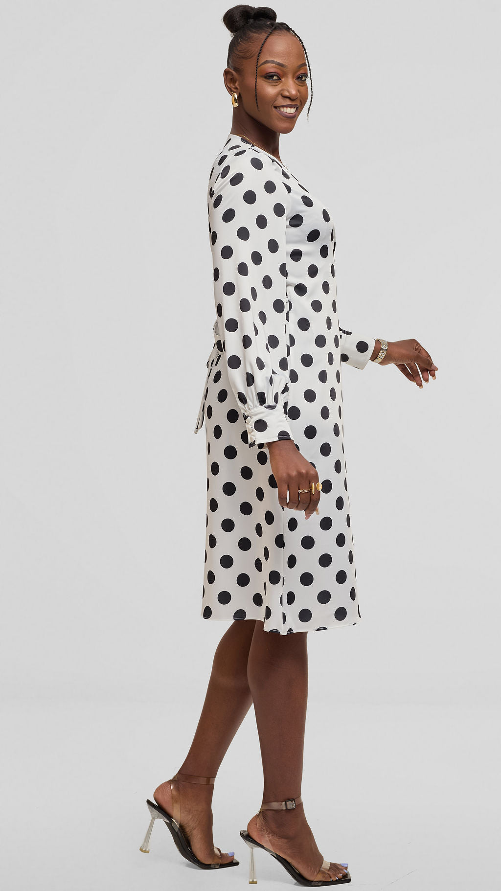 Vivo Long Sleeve Wrap Dress in Satin - White / Black Polka Dot