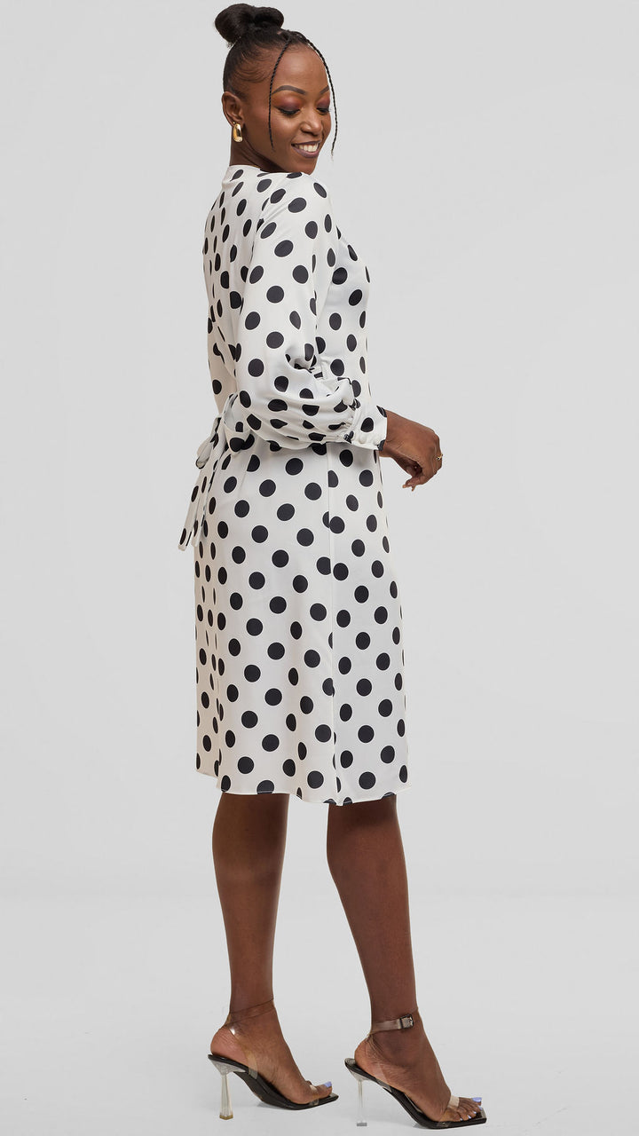 Vivo Long Sleeve Wrap Dress in Satin - White / Black Polka Dot
