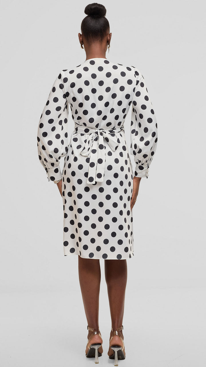 Vivo Long Sleeve Wrap Dress in Satin - White / Black Polka Dot